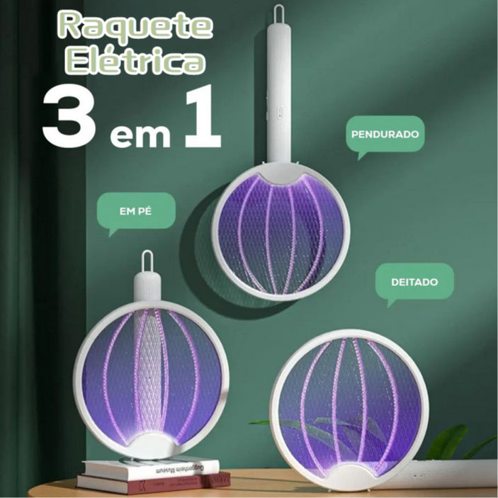 Raquete Elétrica Mata Mosquito Dobrável - 3 em 1 - Com Led UV Eletrônico