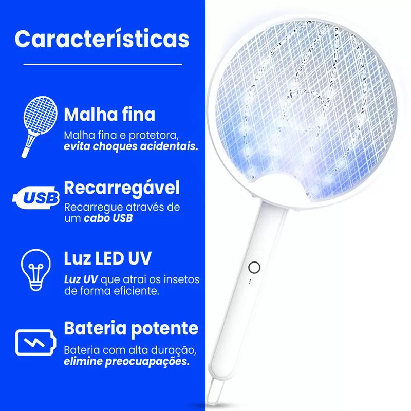 Raquete Elétrica Mata Mosquito Dobrável - 3 em 1 - Com Led UV Eletrônico